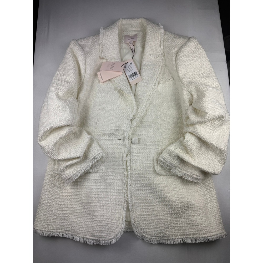 Cinq a Sept Boucle Khloe Blazer 12 Gardenia White Ruched Sleeve Fringe Trim NWT